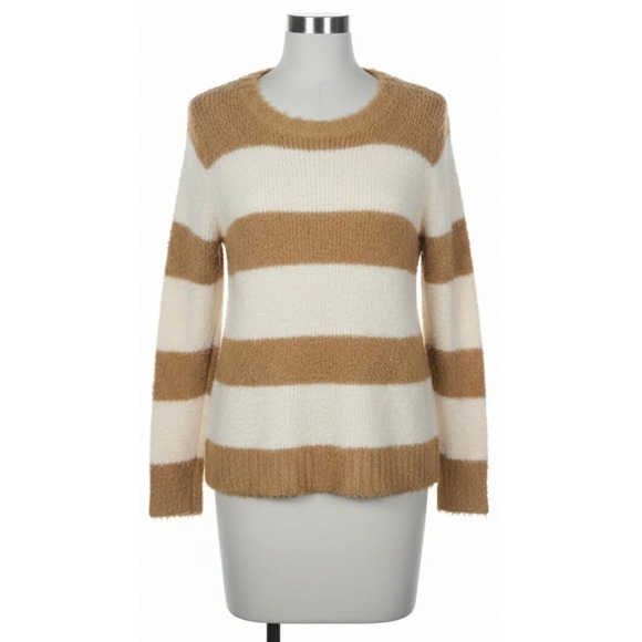 Talbots Sweaters - Talbots Size Small Sweater Fuzzy Tan/Ivory Striped Long Sleeve Cotton wool blend